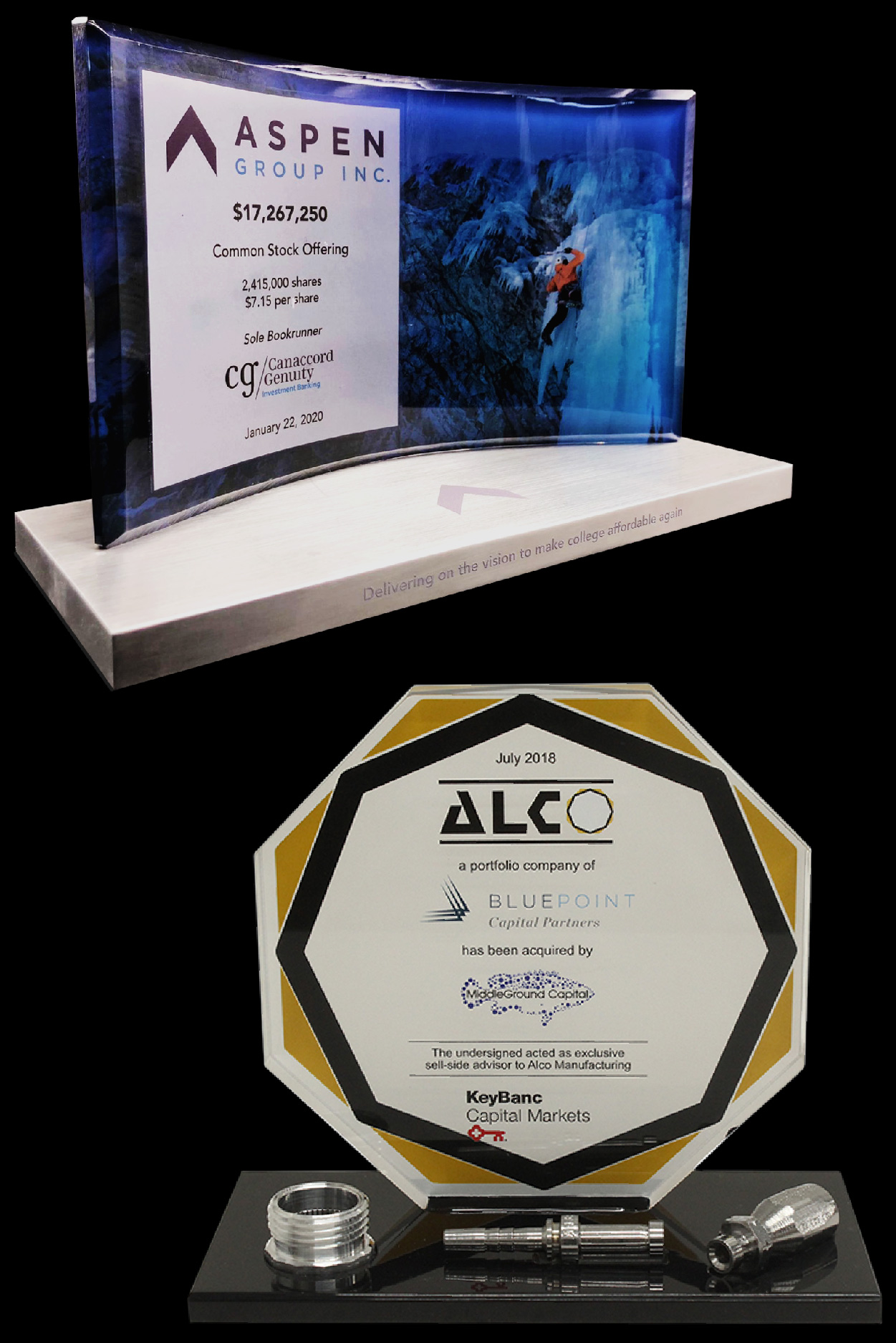 Custom Deal Toy and Financial Tombstone for Aspen Group Inc. and for Alco acquiring BluePoint